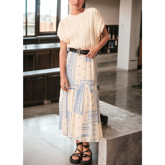 (60% OFF) NWT BA&SH Ionder Print Tiered Midi Skirt in Ecru & Blue L MSRP: $260 - Picture 1 of 8